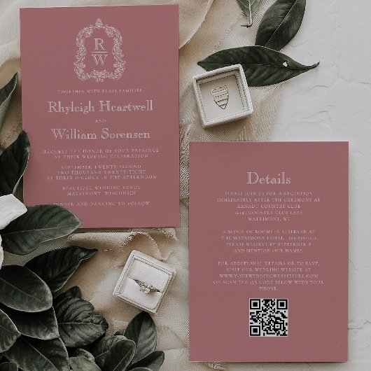 Monogram Crest Dusty Roos QR Code Wedding Kaart