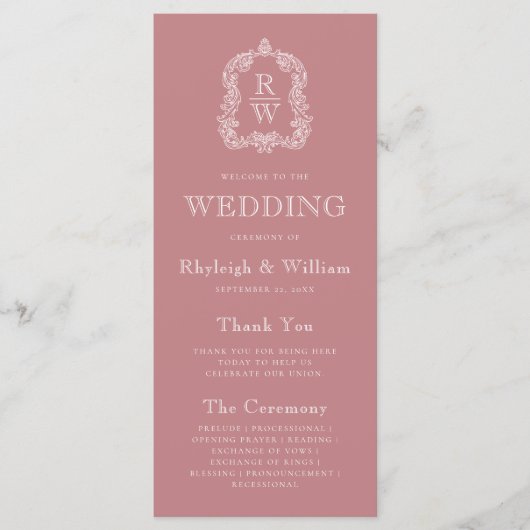 Monogram Crest Dusty Roos Wedding Programmakaart (Voorkant)