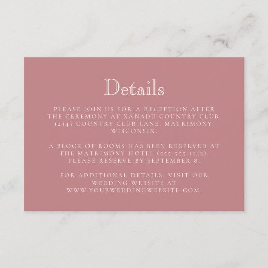 Monogram Crest Dusty Rose Wedding Details Informatiekaartje (Voorkant)
