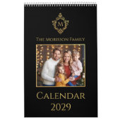 Monogram Crest Elegant Black and Gold Family Photo Kalender (Hoes)