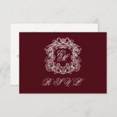 Monogram Crest Elegant Burgundy Wedding RSVP Kaartje (Voorkant / Achterkant)