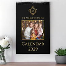 Monogram Crest Elegant Zwart en Goud Familiefoto