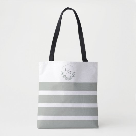 Monogram Crest en Sage Groene Strepen Tote Bag (Voorkant)