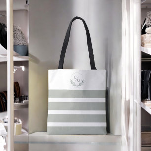 Monogram Crest en Sage Groene Strepen Tote Bag