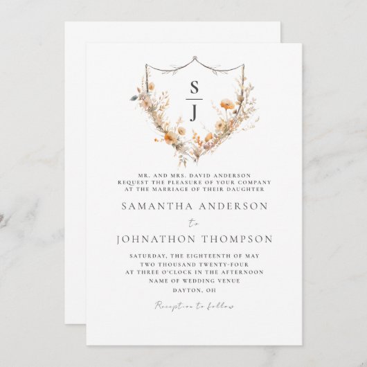 Monogram Crest Floral bruiloft uitnodiging (Voorkant / Achterkant)