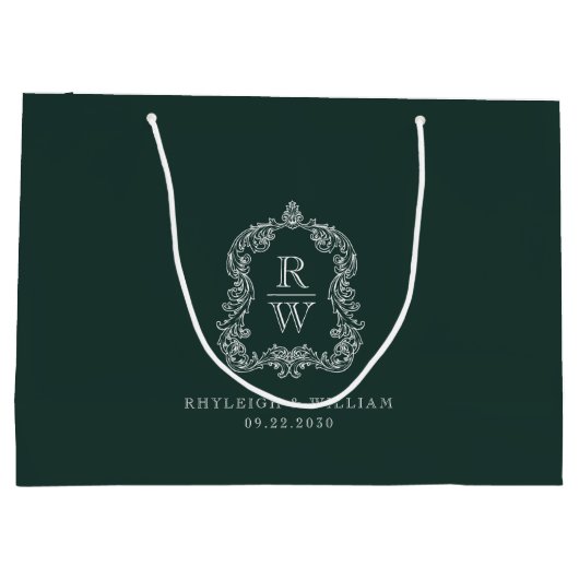 Monogram Crest Forest Green Wedding Groot Cadeauzakje (Achterkant)