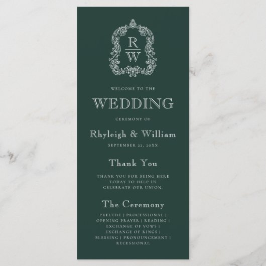 Monogram Crest Forest Green Wedding Programmakaart (Voorkant)