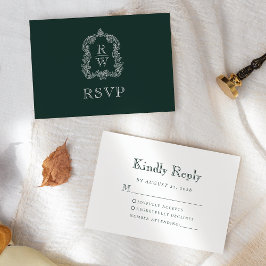 Monogram Crest Forest Green Wedding RSVP Kaartje