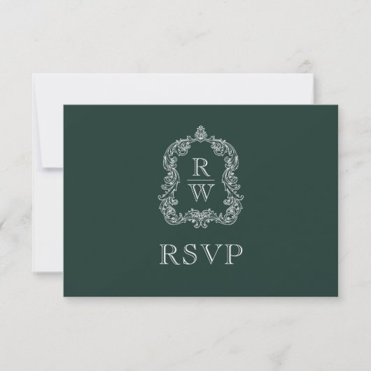 Monogram Crest Forest Green Wedding RSVP Kaartje (Voorkant)
