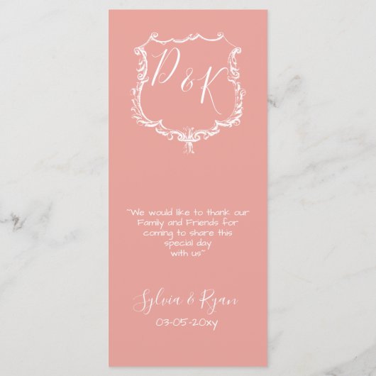 Monogram Crest Gold Blush Bruiloft menu (Achterkant)