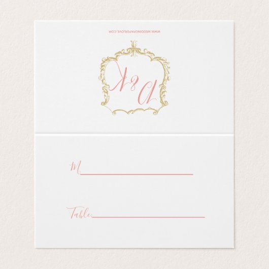 Monogram Crest Gold Blush Trouwplaats Kaarten (Buitenkant ongevouwen)