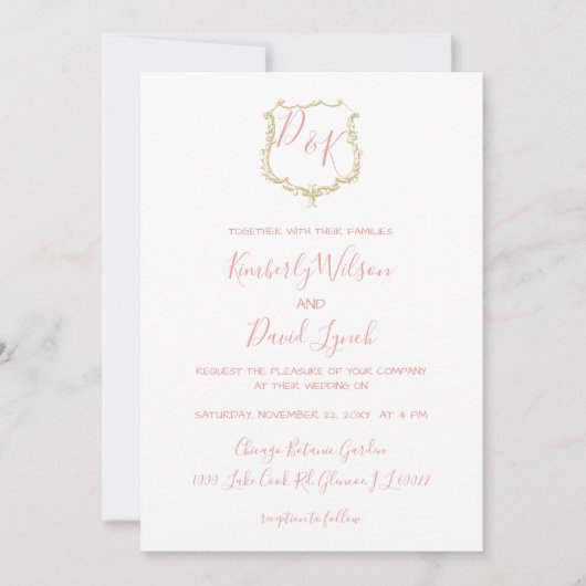 Monogram Crest Gold blush Wedding Kaart (Voorkant)