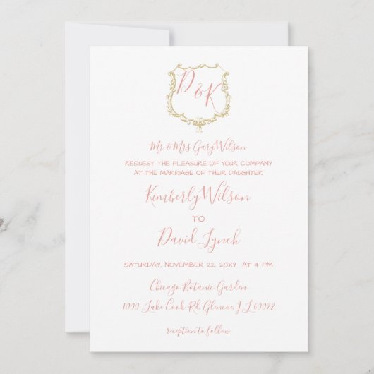 Monogram Crest Gold blush Wedding Kaart (Voorkant)