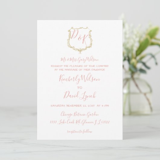Monogram Crest Gold blush Wedding Kaart (Staand voorkant)