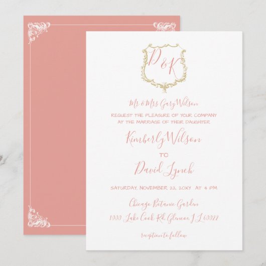 Monogram Crest Gold blush Wedding Kaart (Voorkant / Achterkant)