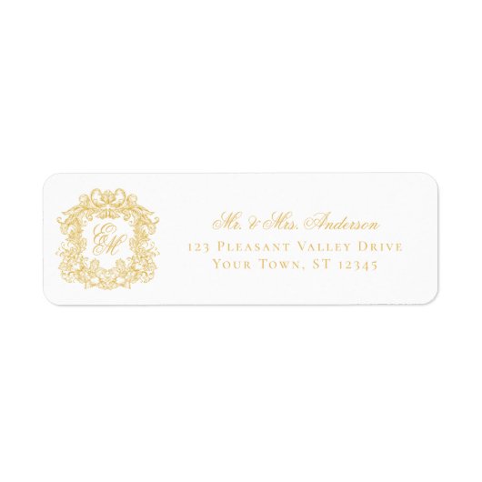 Monogram Crest Gold Bruiloft Retouradres Etiket (Voorkant)