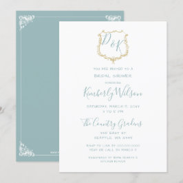 Monogram Crest Gold Dusty Blue Vrijgezellenfeest Kaart