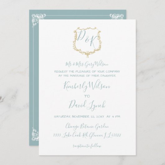 Monogram Crest Gold Dusty Blue Wedding Kaart (Voorkant / Achterkant)