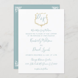 Monogram Crest Gold Dusty Blue Wedding Kaart
