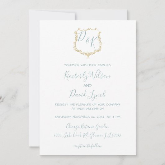 Monogram Crest Gold Dusty Blue Wedding Kaart (Voorkant)
