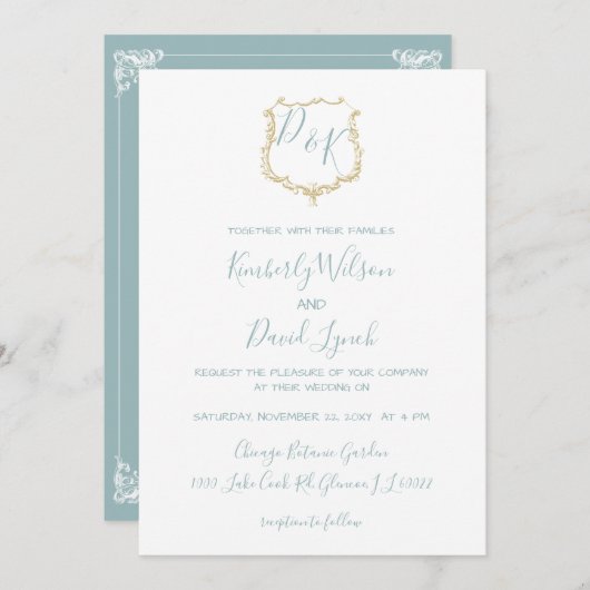 Monogram Crest Gold Dusty Blue Wedding Kaart (Voorkant / Achterkant)