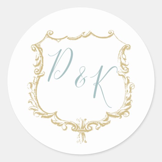 Monogram Crest Gold Dusty Blue Wedding Ronde Sticker (Voorkant)
