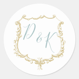 Monogram Crest Gold Dusty Blue Wedding Ronde Sticker