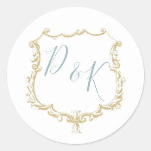 Monogram Crest Gold Dusty Blue Wedding Ronde Sticker
