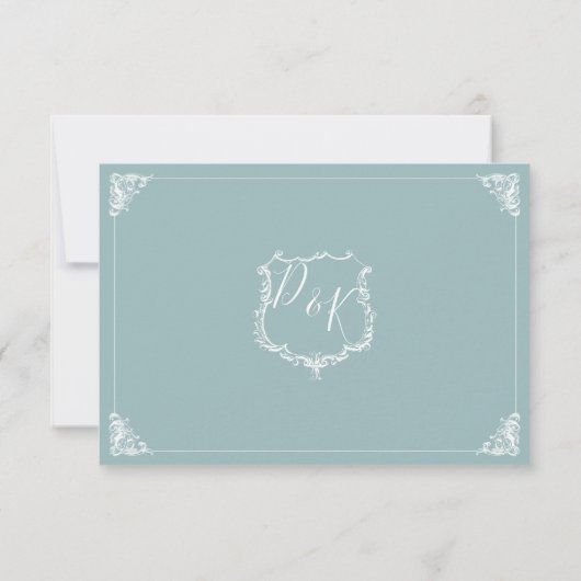 Monogram Crest Gold Dusty Blue Wedding rsvp (Achterkant)