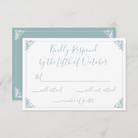 Monogram Crest Gold Dusty Blue Wedding rsvp (Voorkant / Achterkant)