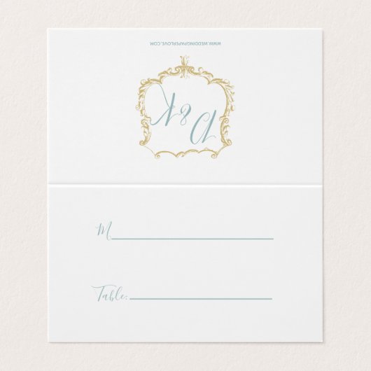 Monogram Crest Goud Blauw Bruiloft Plaats Kaarten (Buitenkant ongevouwen)