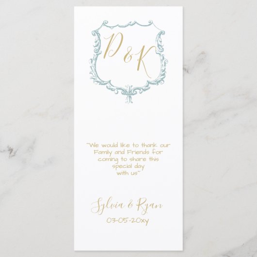 Monogram Crest Goud Stoffig blauw Bruiloft menu (Achterkant)