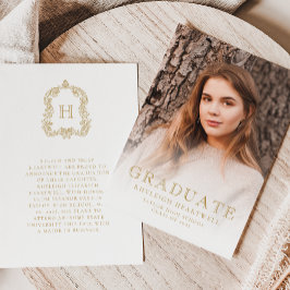 Monogram Crest Gouden Foto Afstudeeruitnodiging Kaart