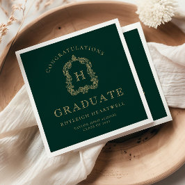 Monogram Crest Green Gold Graduation Party Servet
