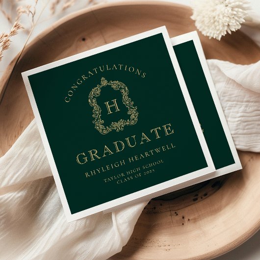 Monogram Crest Green Gold Graduation Party Servet