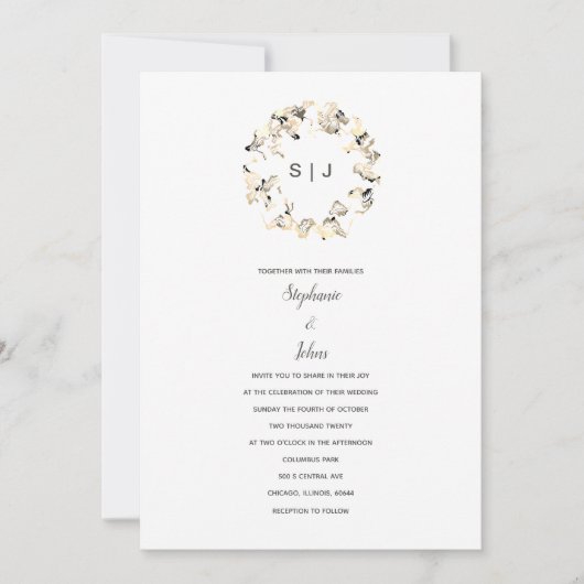 Monogram Crest Grijs Wit Boho Eenvoudige Bruiloft Kaart (Voorkant)