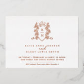 Monogram crest hart kroon wit roos goud folie uitnodiging (Voorkant)