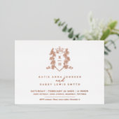 Monogram crest hart kroon wit roos goud folie uitnodiging (Staand Voorkant)