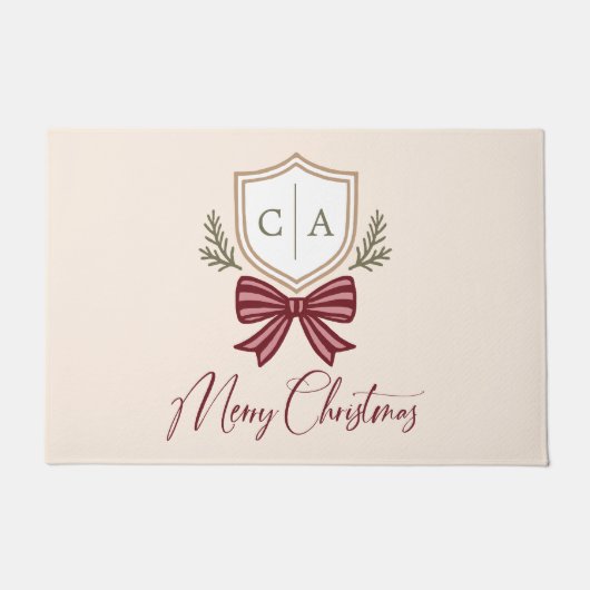 Monogram Crest Holiday Bow Kerstmis van het paar Deurmat (Voorkant)