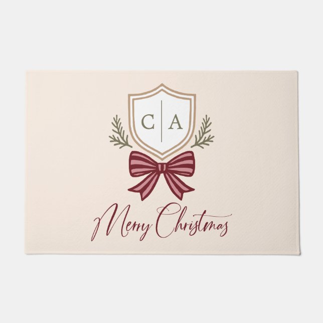 Monogram Crest Holiday Bow Kerstmis van het paar Deurmat (Voorkant)