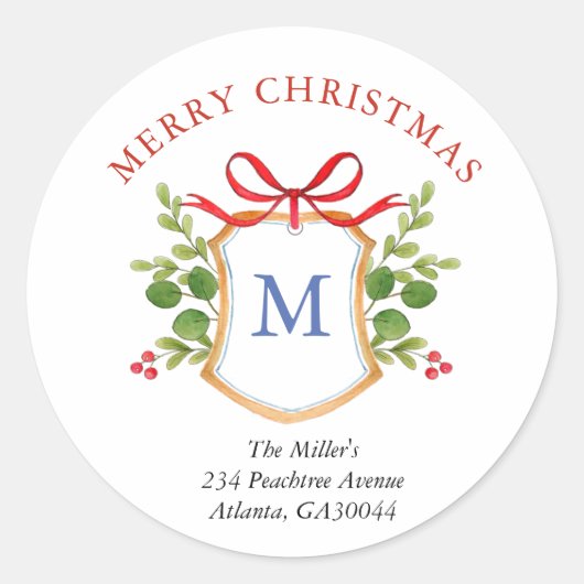 Monogram Crest Holiday Return-adres Ronde Sticker (Voorkant)