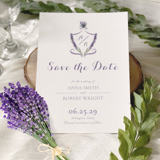 Monogram Crest Lavender Elegant Huwelijk Save The Date