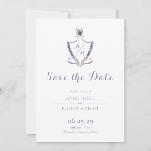 Monogram Crest Lavender Elegant Huwelijk Save The Date (Voorkant)