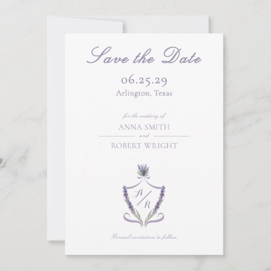 Monogram Crest Lavender Elegant Script Wedding Save The Date (Voorkant)