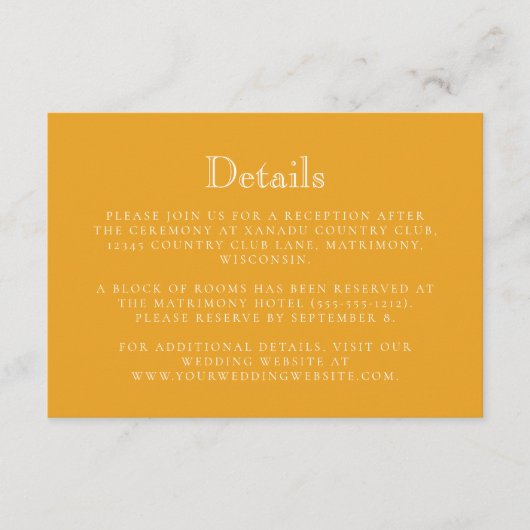 Monogram Crest Marigold Gele bruiloft Details Informatiekaartje (Voorkant)