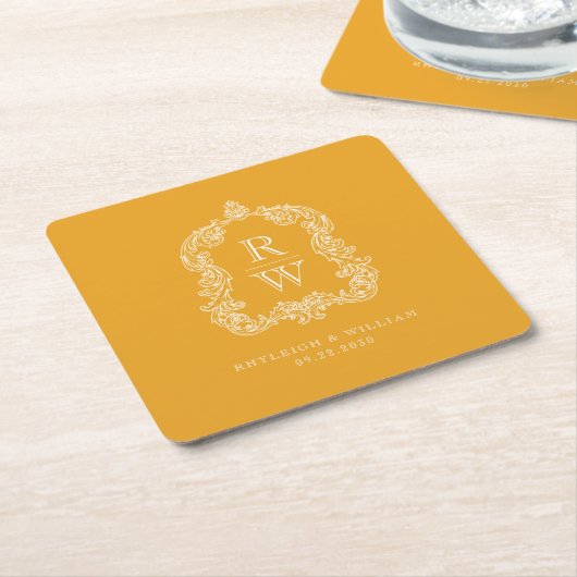  Monogram Crest Marigold Yellow Wedding Kartonnen Onderzetters (Schuin)