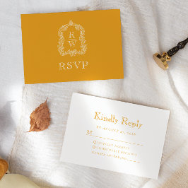 Monogram Crest Marigold Yellow Wedding RSVP Kaartje