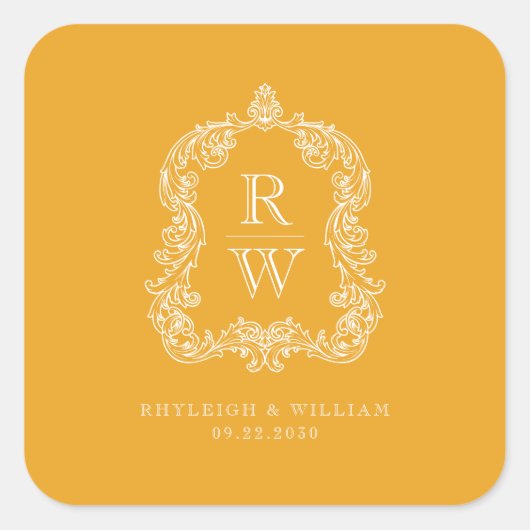  Monogram Crest Marigold Yellow Wedding Vierkante Sticker (Voorkant)