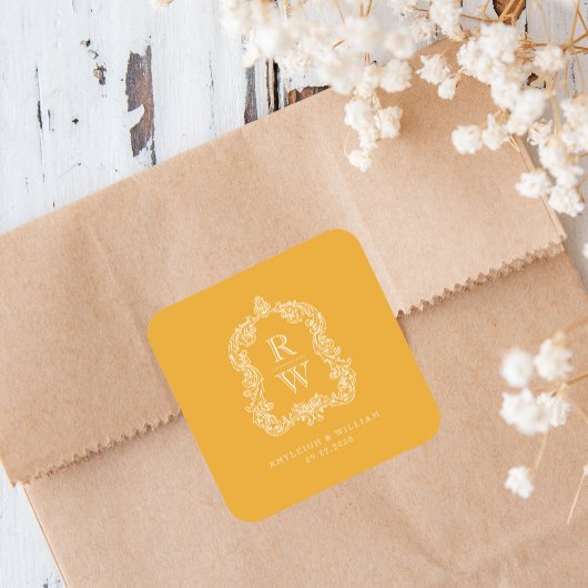  Monogram Crest Marigold Yellow Wedding Vierkante Sticker