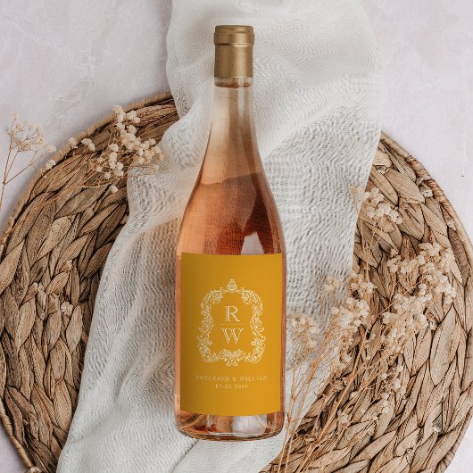 Monogram Crest Marigold Yellow Wedding Wijn Etiket
